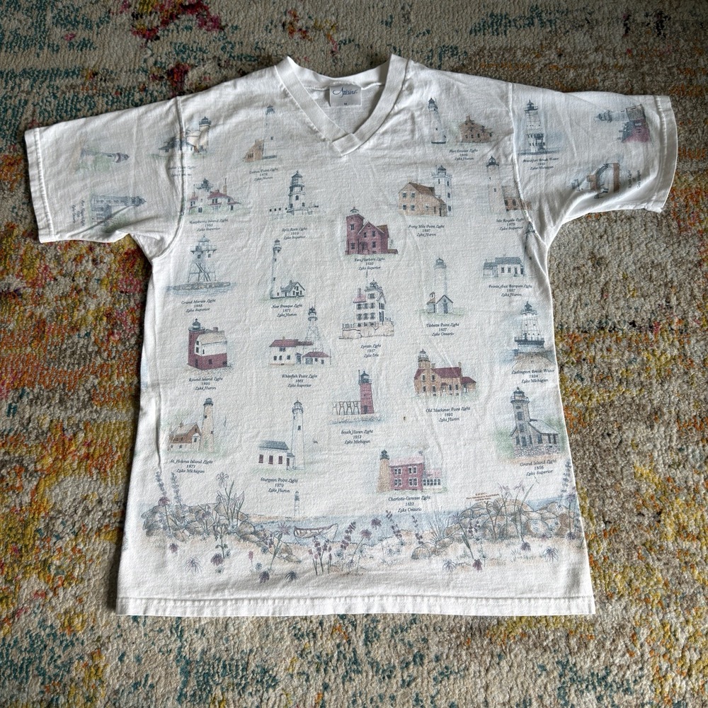 Vintage Artisans Lighthouses All Over Print Women's M Great Lakes Graphic V-Neck